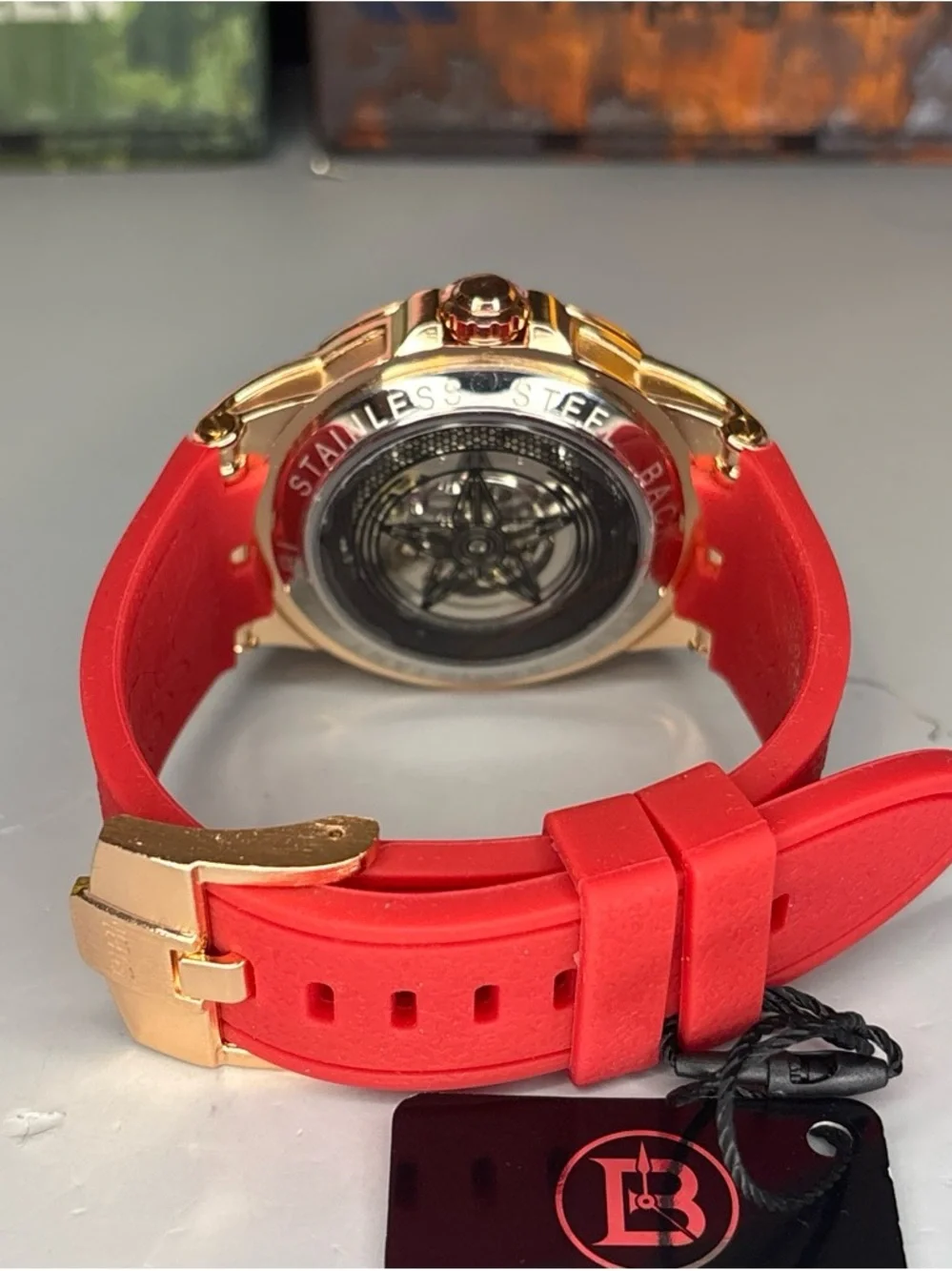 Skeleton Automatic Dial Sport Watch with Red Silicone Strap